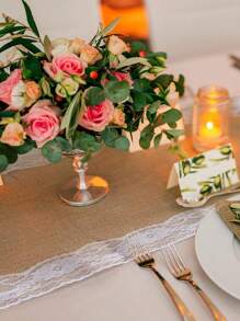 1pc Wedding Table Center Decoration Yellow Hessian Lace Table Runner, Rustic Burlap & Lace Party Table Decor,Christmas - Khaki - View 4