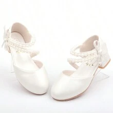 Children's Princess Shoes For Girls, Spring/Summer White/Pink Shoes With High Heels And Pearls For Big Kids
