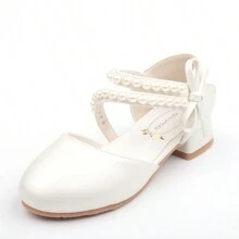 Children's Princess Shoes For Girls, Spring/Summer White/Pink Shoes With High Heels And Pearls For Big Kids