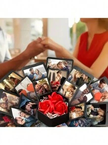 1pc DIY Photo Box With Ribbon, Black Paper Multifunction Gift Box For Household