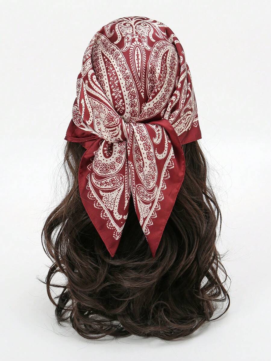 1 件简约印花 70 年代方形围巾，全新春季设计，可用作头巾、腰带、包袋配饰、发巾、时尚配饰头巾、发带、头带，非常适合装扮您的造型 - 酒紅色 - 查看 1