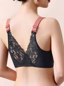 Sexy Lace Comfortable Breathable Front Closure Wireless Bra, Lingerie - Black - View 2