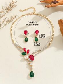 3pcs/Set Multicolor Cubic Zirconia Waterdrop Design Bohemian Style Jewelry Set For Women (Earrings And Necklace) - Multicolor - View 4
