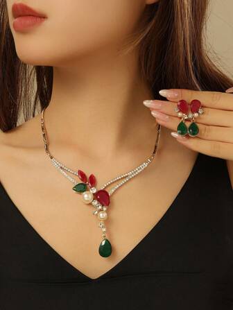 3 件/組多色立方氧化鋯水滴設計波西米亞風格女珠寶套裝（耳環和項鍊）