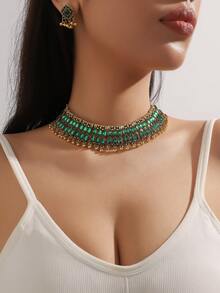 3入組金屬鏈扇形吊墜,鑲嵌雙排鑽石裝飾的女性豪華時尚珠寶套裝 - 項鍊耳飾套裝 - 查看 3