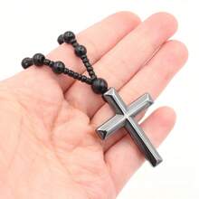 1 Stück Schwarzer Hämatit Kreuz Anhänger, Glasperlen Lange Kette, Gebet Taufe Halskette Für Männer Frauen, Christliches Geschenk