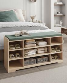 HEXCELEN Shoe Bench, Shoe Storage With Seat Cushion And 9 Compartments, Adjustable 3-Tier Shoe Rack, For Entrance Area, Hallway, Living Room, Bedroom, 30 X 103 X 52.7 Cm, - 米色 - 查看 4