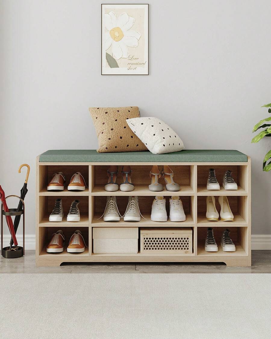 HEXCELEN Shoe Bench, Shoe Storage With Seat Cushion And 9 Compartments, Adjustable 3-Tier Shoe Rack, For Entrance Area, Hallway, Living Room, Bedroom, 30 X 103 X 52.7 Cm, - 米色 - 查看 1