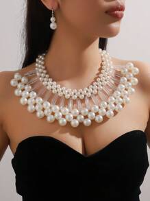 3入組樹脂珠子扇形掛墜，中空個性誇張高端優雅女士珠寶套裝 - 項鍊三件套 - 查看 6