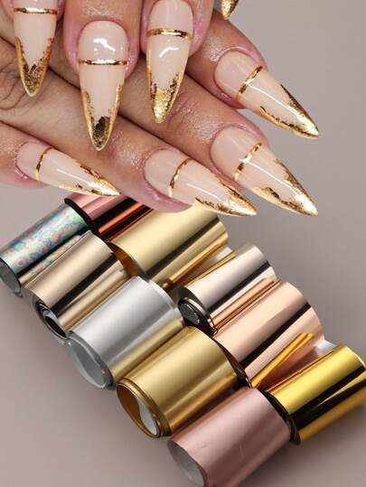 1 حزمة تتكون من 10 قطع ملصقات معدنية هولوغرافية لنقل فن الأظافر - ملصقات أظافر بطباعة معدنية ملونة، أشكال ثلاثية الأبعاد لاصقة ذاتيًا (بدون لزوجة)