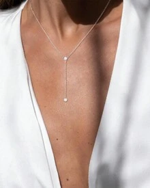 Tewiky Jewelry Lariat Silver Necklace For Women, Dainty Silver Plated Long Necklace For Women Layered Y Necklace Cubic Zir-Conia Pendant Necklaces Simple Silver Jewelry For Women Girls Gift - 銀色 - 查看 3