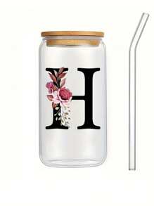 1入組450ml字母花卉a-z咖啡杯,高硼硅耐熱玻璃杯,配有竹蓋和吸管,適用於家庭和辦公室,是送給女士、母親、最好的朋友、新娘和伴娘的生日禮物 - 無色 - 查看 10