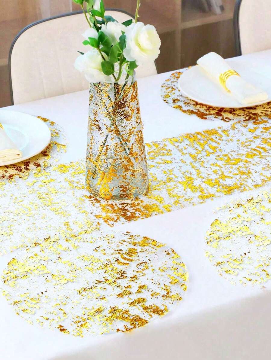 4-Pack Round Disposable Placemats 13" (33.0cm) Pressed Gold Foil Mesh Metal Table Mats For Wedding Party Decoration - Gold - View 1