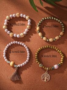 4pcs/Set Boho Style Life Tree Tassel Pendant Multi-Layer Wooden Beads Bracelet - Brown - View 4