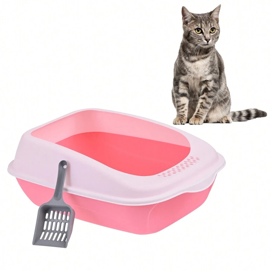 Large Cat Litter Box Sanitary Tray Open Folding Easy Assembly Quality Materials 51cmx35cmx16cm Different Colors A03 - Pink - View 1