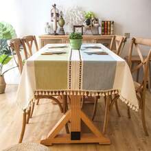 1pc 140cm Wide Color Block Tablecloth With Tassel Decoration, Ins Style For Dining Room/Living Room Table - Multicolor - View 3