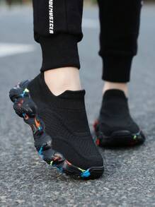 儿童鞋、儿童运动鞋、儿童平底鞋、男童运动鞋、女童运动鞋、中性童靴、童靴、中性童鞋、冬季休闲一脚蹬、针织透气儿童运动鞋、随机迷彩图案平底鞋、舒适防滑跑步鞋 - 黑色 - 查看 2