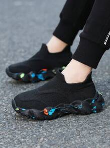 儿童鞋、儿童运动鞋、儿童平底鞋、男童运动鞋、女童运动鞋、中性童靴、童靴、中性童鞋、冬季休闲一脚蹬、针织透气儿童运动鞋、随机迷彩图案平底鞋、舒适防滑跑步鞋 - 黑色 - 查看 3