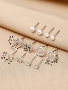 6對波西米亞風格蝴蝶、幾何形狀、五角星和仿珍珠釘耳環和圈形耳環套裝,適用於女性,在禮物,派對和假期中使用 - 銀色 - 查看 2