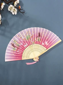 1pc Jade Rabbit Folding Fan, Traditional Craft Gift Fan For Japanese Hanfu Dance Performance Portable Silk Fan (Pattern & Color Random) Birthday Gifts Graduation