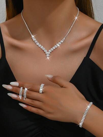 1 件婚礼首饰套装项链耳环手链，水钻装饰，适合女性婚礼派对配饰