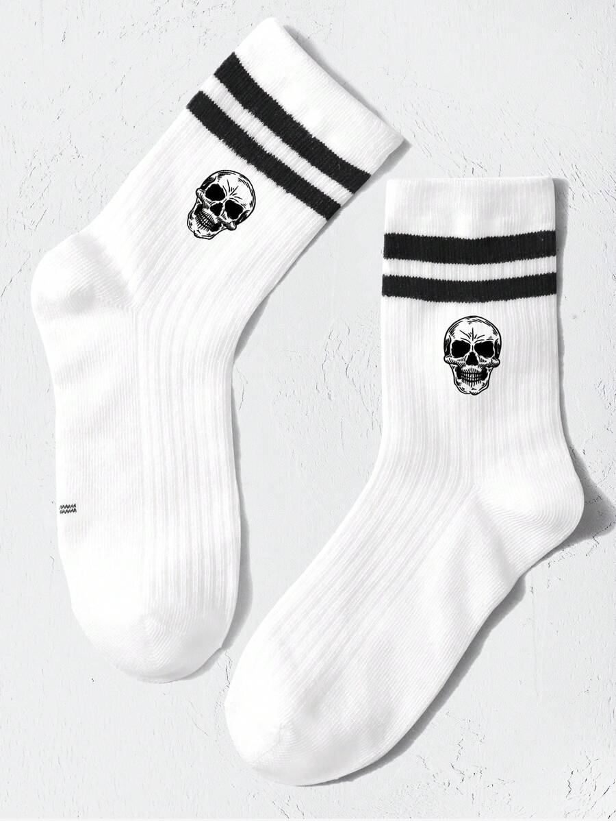 1pair Kids' Vertical Striped Double Bars Skull Sports Mid-calf Socks, Great For Back-to-school Outfits - Black and White - View 1