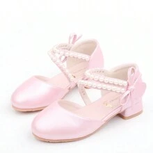 女童公主鞋,春夏涼鞋,白色平底鞋,粉色高跟鞋,珍珠裝飾,適合兒童和青少年 - 粉色 - 查看 8