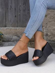 Sandali con zeppa da donna per l'estate, sandali infradito con tomaia intrecciata a righe/quadri, tacco alto spesso, tacco da 9 cm, colore nero, comodi e alla moda per uso esterno, consigliato di prendere mezzo numero in meno