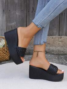 Sandali con zeppa da donna per l'estate, sandali infradito con tomaia intrecciata a righe/quadri, tacco alto spesso, tacco da 9 cm, colore nero, comodi e alla moda per uso esterno, consigliato di prendere mezzo numero in meno