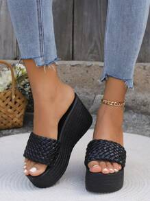 Sandali con zeppa da donna per l'estate, sandali infradito con tomaia intrecciata a righe/quadri, tacco alto spesso, tacco da 9 cm, colore nero, comodi e alla moda per uso esterno, consigliato di prendere mezzo numero in meno