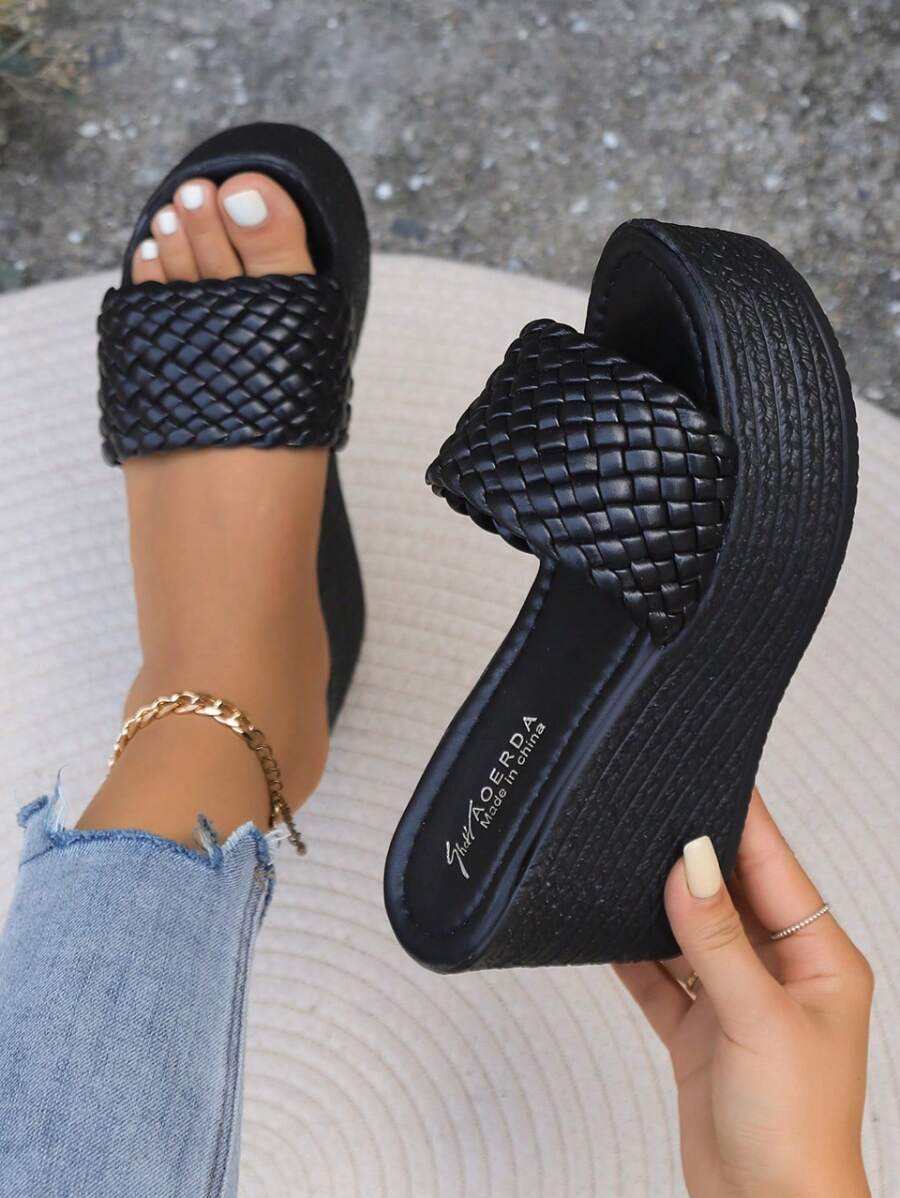 Sandali con zeppa da donna per l'estate, sandali infradito con tomaia intrecciata a righe/quadri, tacco alto spesso, tacco da 9 cm, colore nero, comodi e alla moda per uso esterno, consigliato di prendere mezzo numero in meno