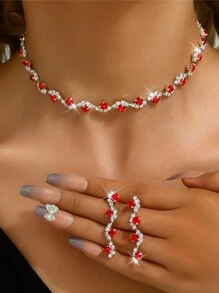 1套時尚歐美風格女士紅寶石閃亮新娘套裝,包含鏈式耳環和項鏈,適用於婚禮/派對/節日禮品 - 紅色 - 查看 8