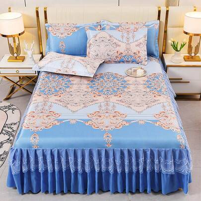 1pc Large Size Cooling Silk Bed Skirt With Floral Print, Korean Style Double-Layer Ruffle, Suitable For Single/Double Bed, Home Bedroom, Outdoor Travel