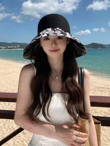 1 件女士可折叠涂层太阳帽，新款春夏系列，带花朵和彩虹图案，户外渔夫帽，带紫外线防护，适合日常使用 - 拼色 - 查看 4