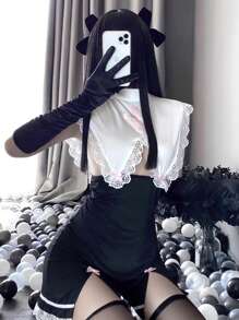 Monja sexy vestida con lencería de encaje,lenceria sexy,corbata de moño Lencería Sexy para Mujeres, baby doll encaje,Conjuntos de Disfraces de Mujer Atractivo - Blanco y Negro - Ver 9