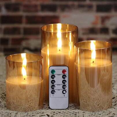 1/3 件金色无焰蜡烛，带定时器/遥控器，闪烁蜡烛灯，电池供电，逼真的电池供电 LED 蜡烛，3D 火焰蜡烛装饰无香味柱状蜡烛，适用于万圣节、情人节、圣诞节、婚礼、派对、家居装饰和其他节日