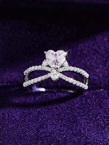 1 件华丽、时尚、创意、十字设计、高光泽、优雅、浪漫、心形方晶锆石戒指，情人节约会的最佳礼物 - 銀色 - 查看 4