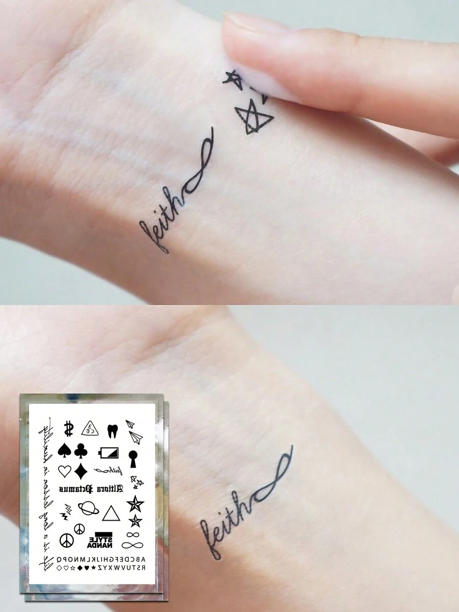 女士临时纹身贴纸，卡通爱心和励志语录 - 黑色 - 查看 1