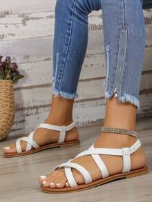 2024年夏季新款羅馬風格女士平底交叉帶便鞋,女士沙灘鞋 - 白色 - 查看 6