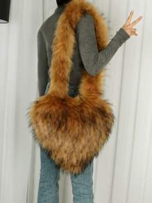 Túi đeo chéo hình trái tim phong cách Âu Mỹ thời trang mới dành cho nữ, Túi đeo vai lông giả cao cấp sang trọng có sức chứa lớn, Màu kaki & Nâu - Nhiều màu - Xem 3