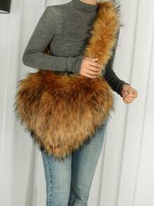 Túi đeo chéo hình trái tim phong cách Âu Mỹ thời trang mới dành cho nữ, Túi đeo vai lông giả cao cấp sang trọng có sức chứa lớn, Màu kaki & Nâu - Nhiều màu - Xem 4