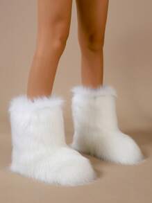 Women's Fluffy Snow Boots, Fashionable Thick Warm Fluffy Lined Mid-Calf Snow Boots, White