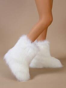 Women's Fluffy Snow Boots, Fashionable Thick Warm Fluffy Lined Mid-Calf Snow Boots, White
