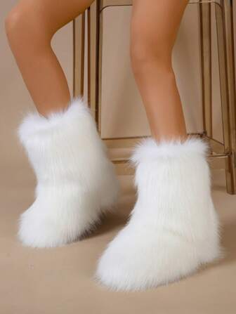 女士蓬松雪地靴，时尚厚实保暖蓬松内衬中筒雪地靴，白色