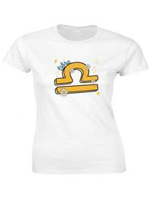 Cotton T-Shirt Zodiac Sign Libra September October Horoscope Cute Flowers - White - View 1