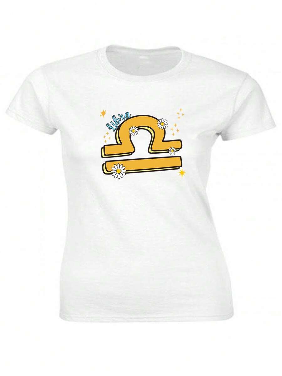 Cotton T-Shirt Zodiac Sign Libra September October Horoscope Cute Flowers - White - View 1