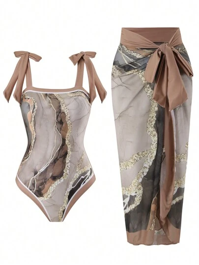 New Women's Conservative One-Piece Swimsuit With Sun Protection And A Set Of Long Sheer Skirt, Great For Beach, Vacation, And Hot Springs Summer