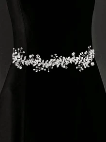 1 件手工制作女士银色金属叶、人造珍珠和水晶腰带、新娘婚礼派对礼服装饰腰链万圣节