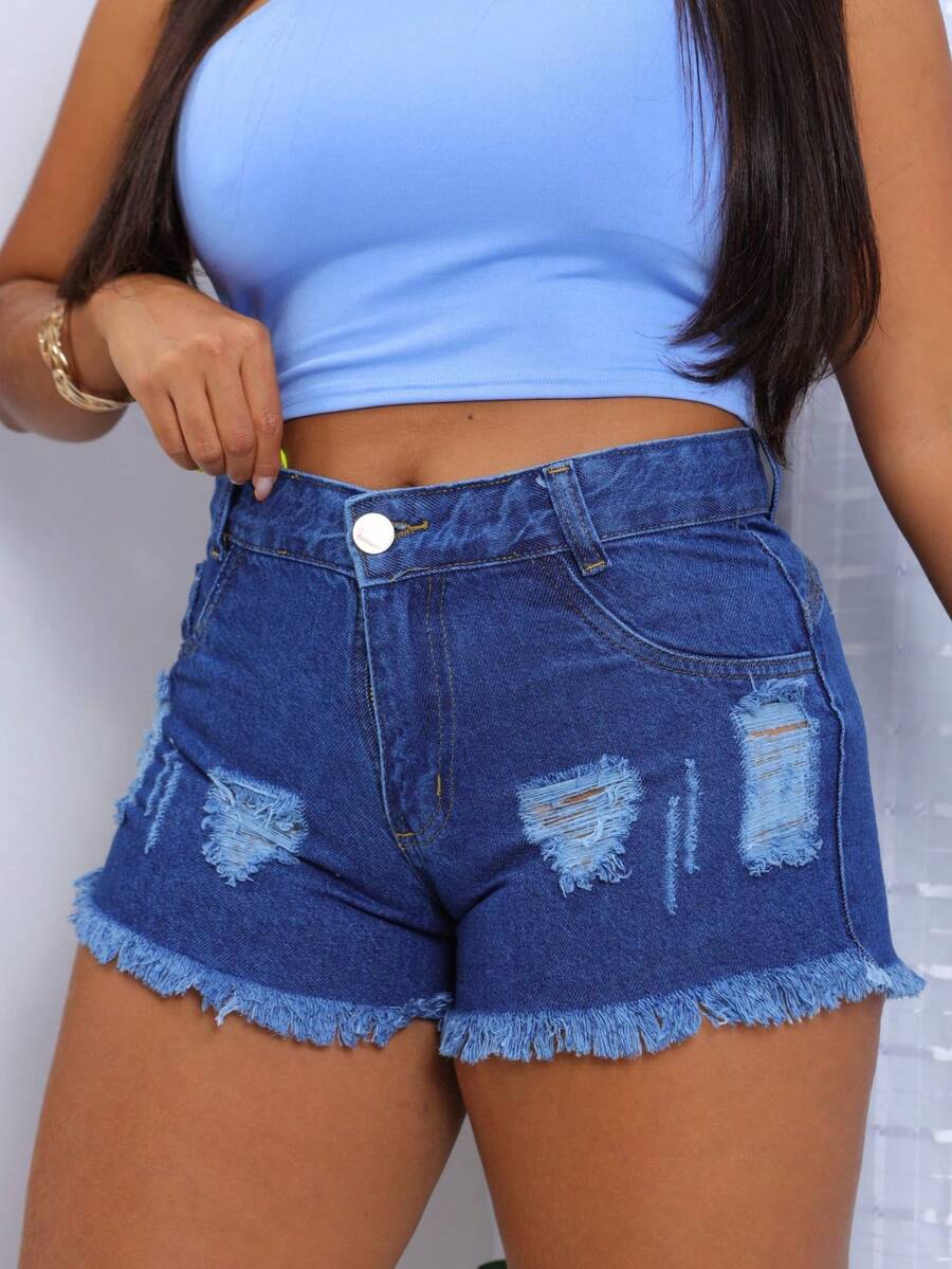 Women Denim Shorts - 深色水洗藍 - 查看 1