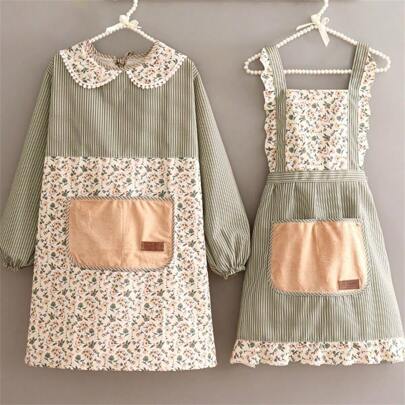 1pc Canvas Apron/Bib Apron For Women, Breathable Long/Short Sleeve Apron With Dish Towel, Kitchen/Home Use Dirt-Resistant Cooking Workwear (2 Random Colors Of Dish Towel)